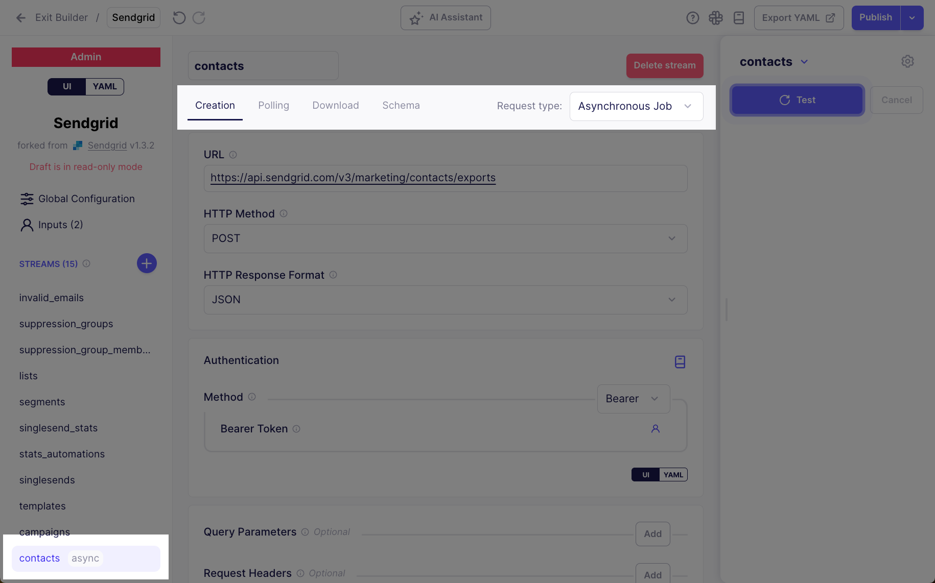 Connector Builder UI showing an async stream with separate tabs for Creation, Polling, Download, and Schema